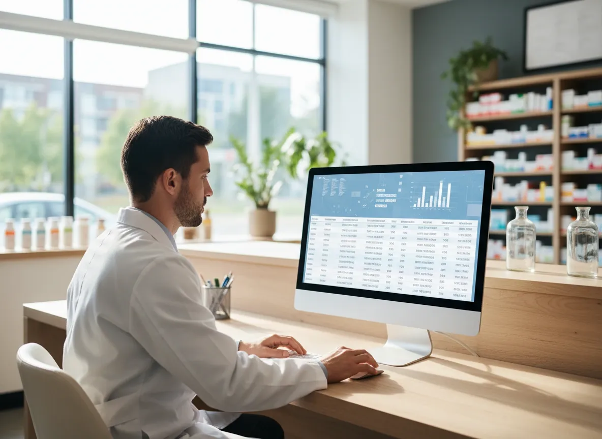 Pharmacist at a desk reviewing claims data on a desktop dashboard